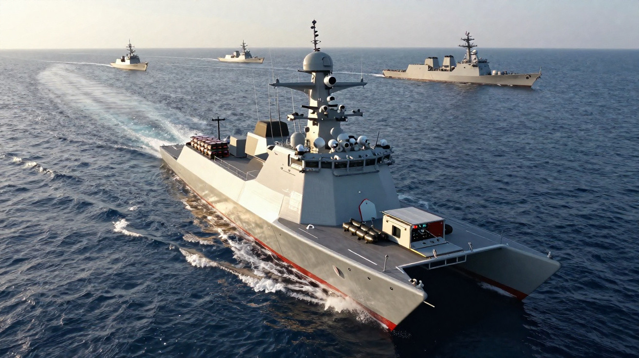 Navios militares de guerra navegando no mar em formação durante o dia ensolarado.
