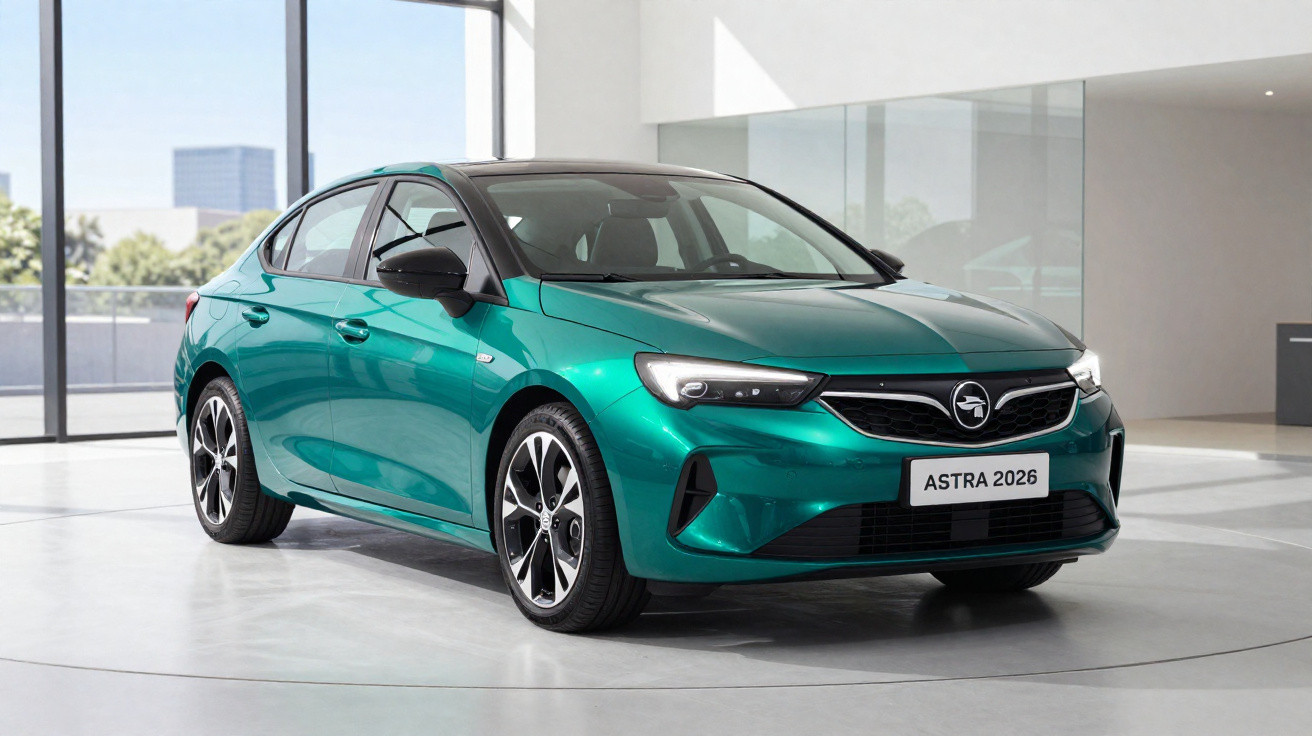 Carro verde metálico modelo Astra 2026 estacionado em ambiente interno moderno e iluminado.