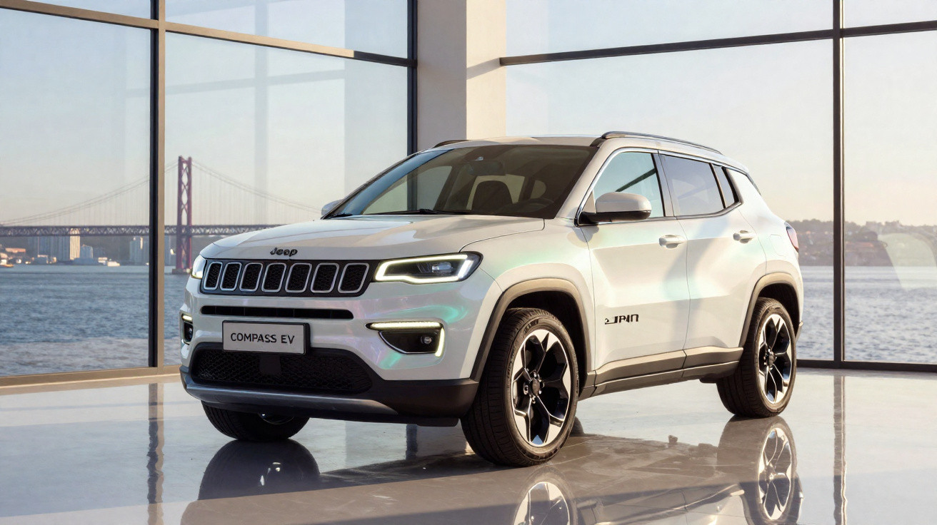 SUV Jeep Compass EV branco em salão com vista para rio e ponte ao fundo.