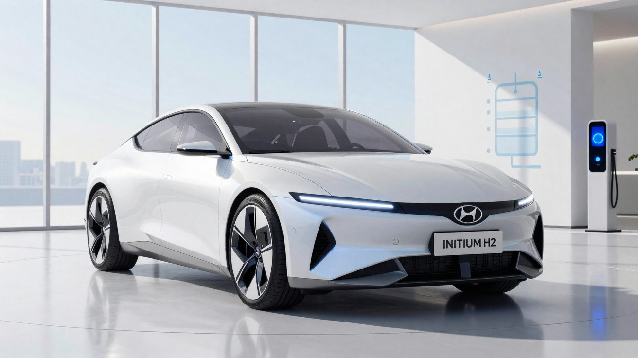Carro elétrico Hyundai Initium H2 branco estacionado em ambiente moderno com estação de carregamento ao fundo.