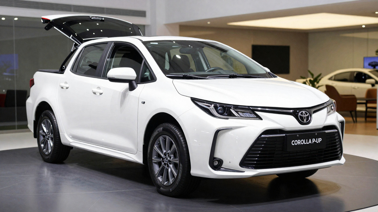 Carro Toyota Corolla Pick-Up branco em exposição, com porta-malas aberto em ambiente interno.