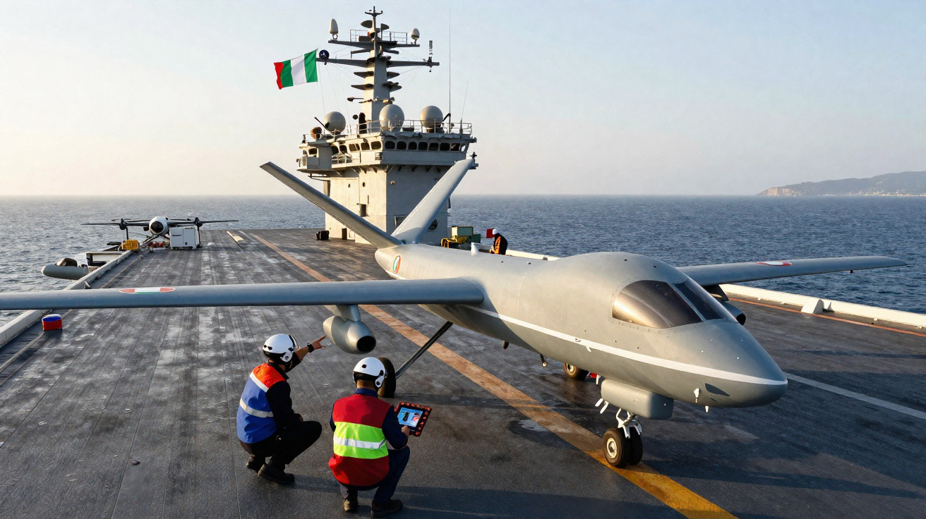 Drones militares sendo preparados por dois técnicos em convés de navio com mar ao fundo e bandeira italiana.