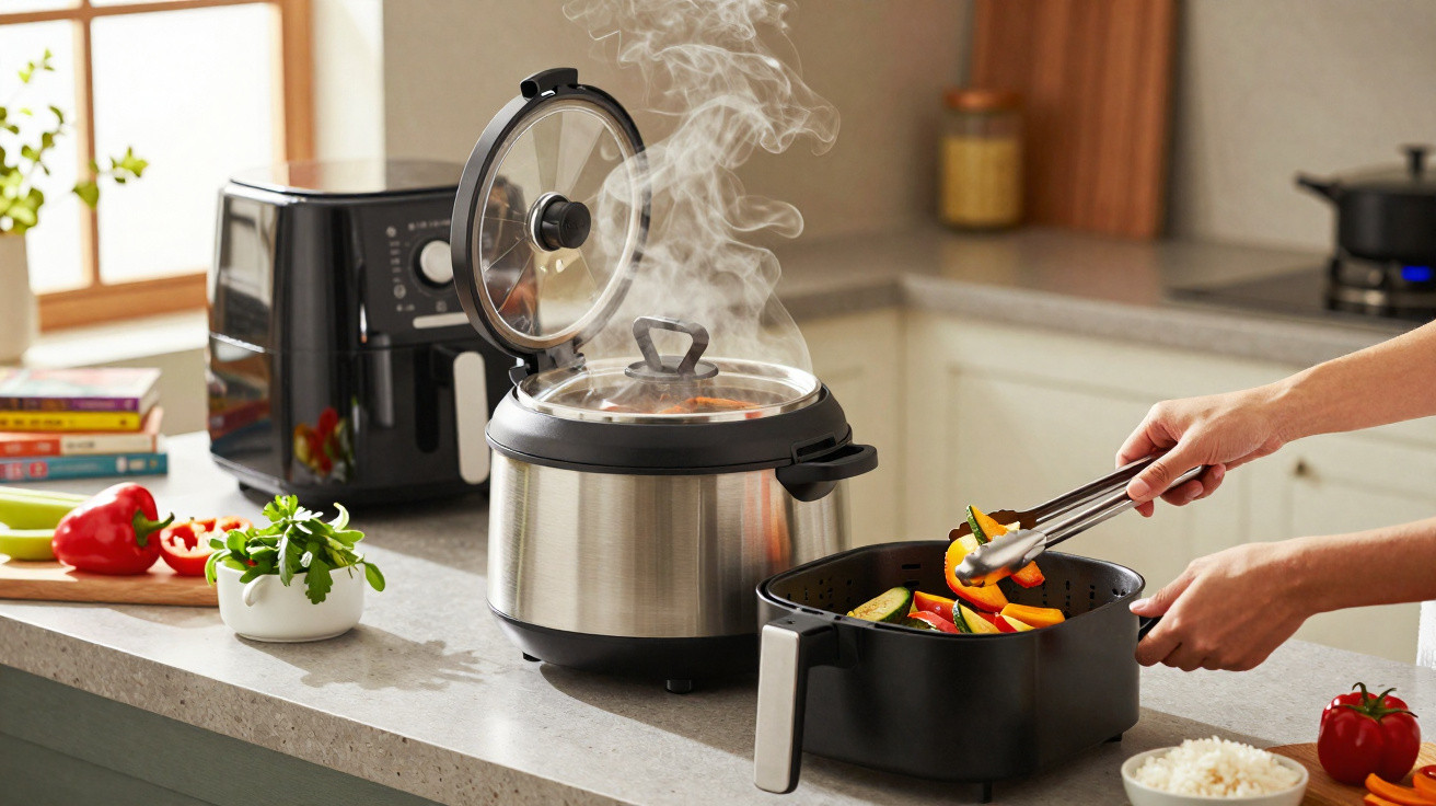 Pessoa mexe legumes com pegador em cozinha com panela elétrica e vapor no fogão.