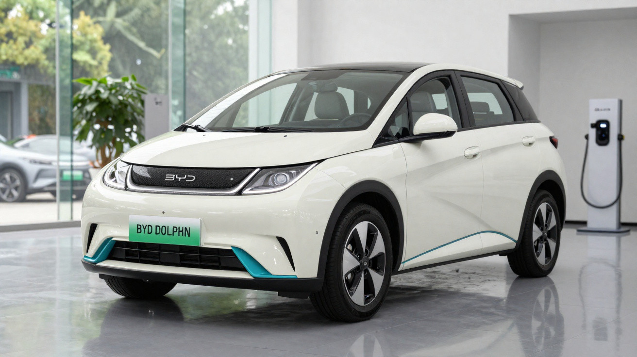 Carro elétrico BYD Dolphin branco exibido em showroom com estação de recarga ao fundo.