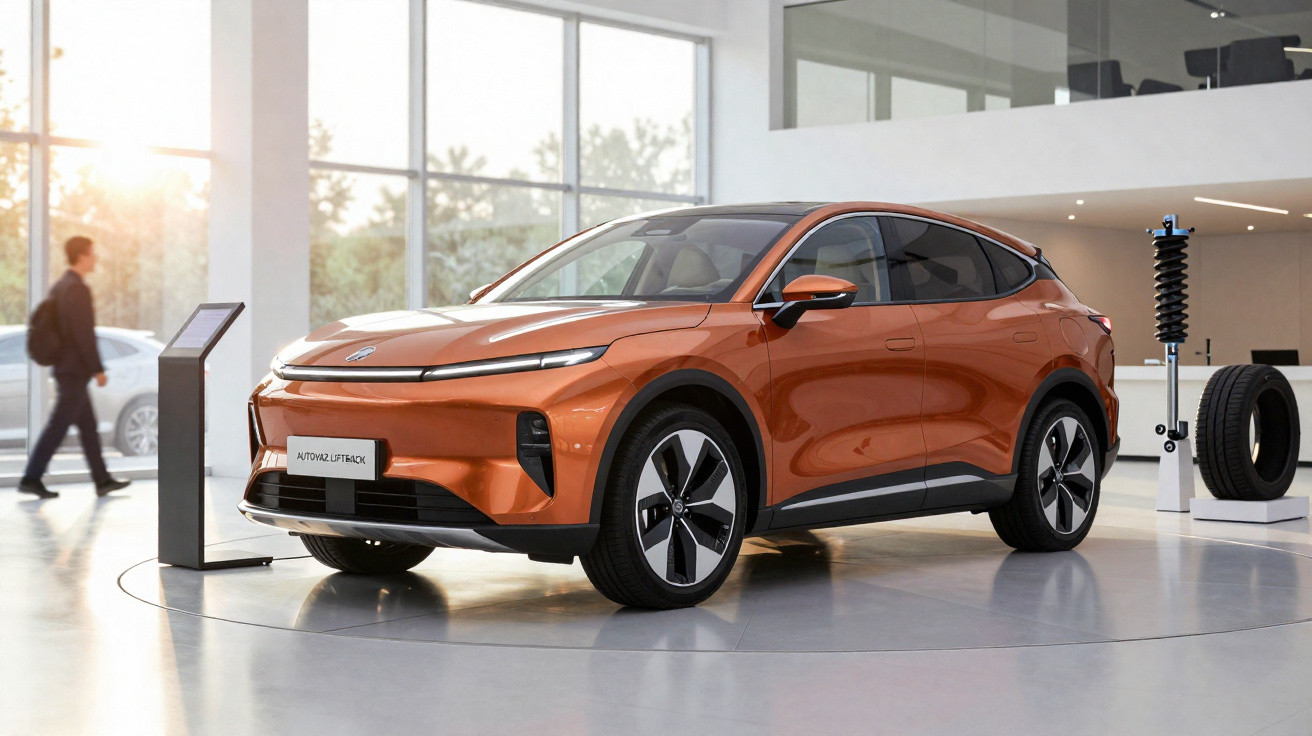 Carro elétrico SUV laranja em exposição dentro de showroom com grande janela ao fundo.