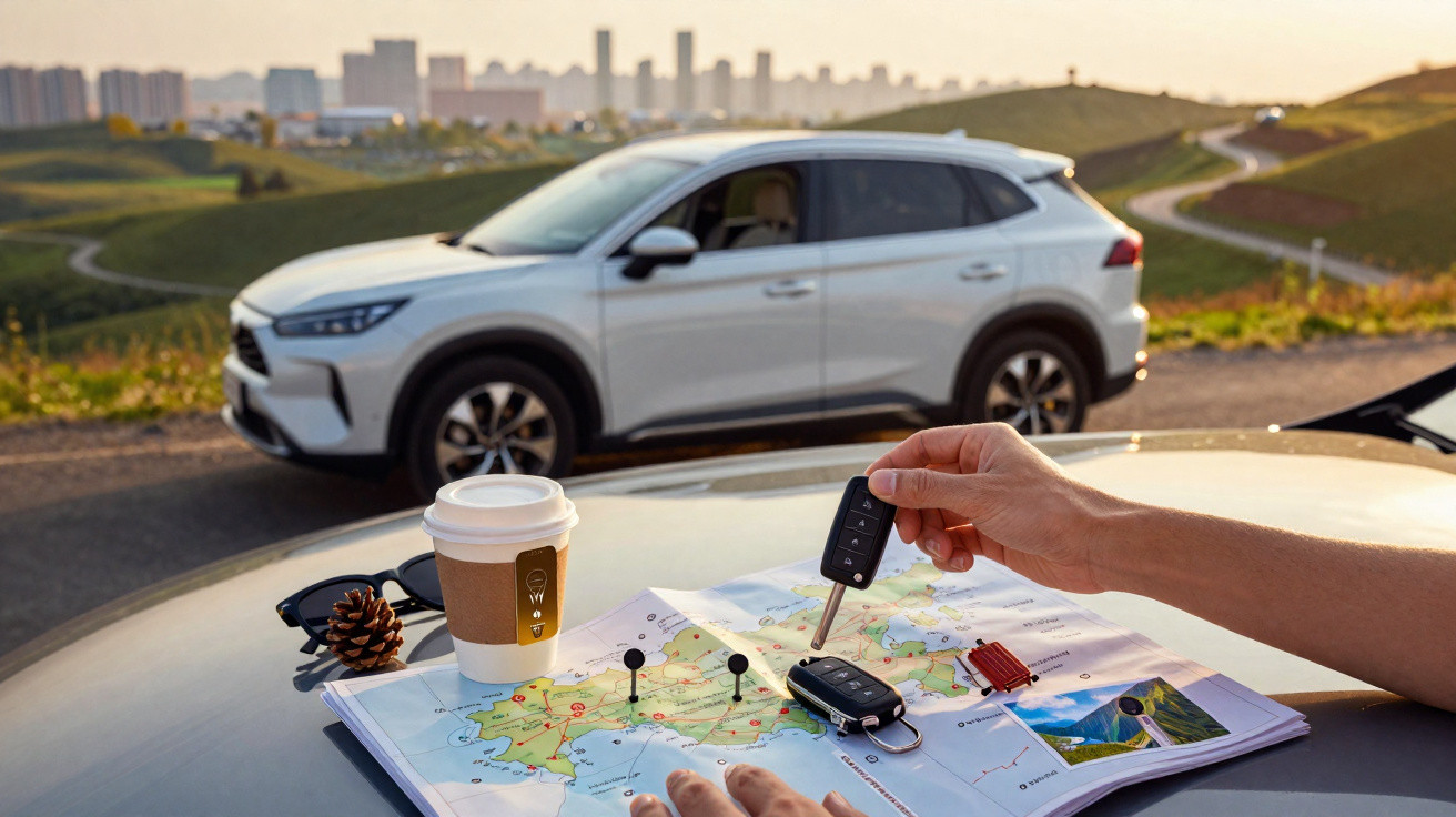 Pessoa segurando chave de carro sobre mapa na capô, com SUV branco e cidade ao fundo ao pôr do sol.
