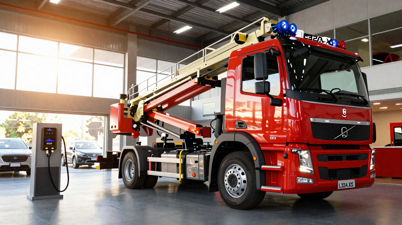 Caminhão de bombeiros vermelho estacionado em garagem moderna com guincho articulado e luzes azuis acesas.