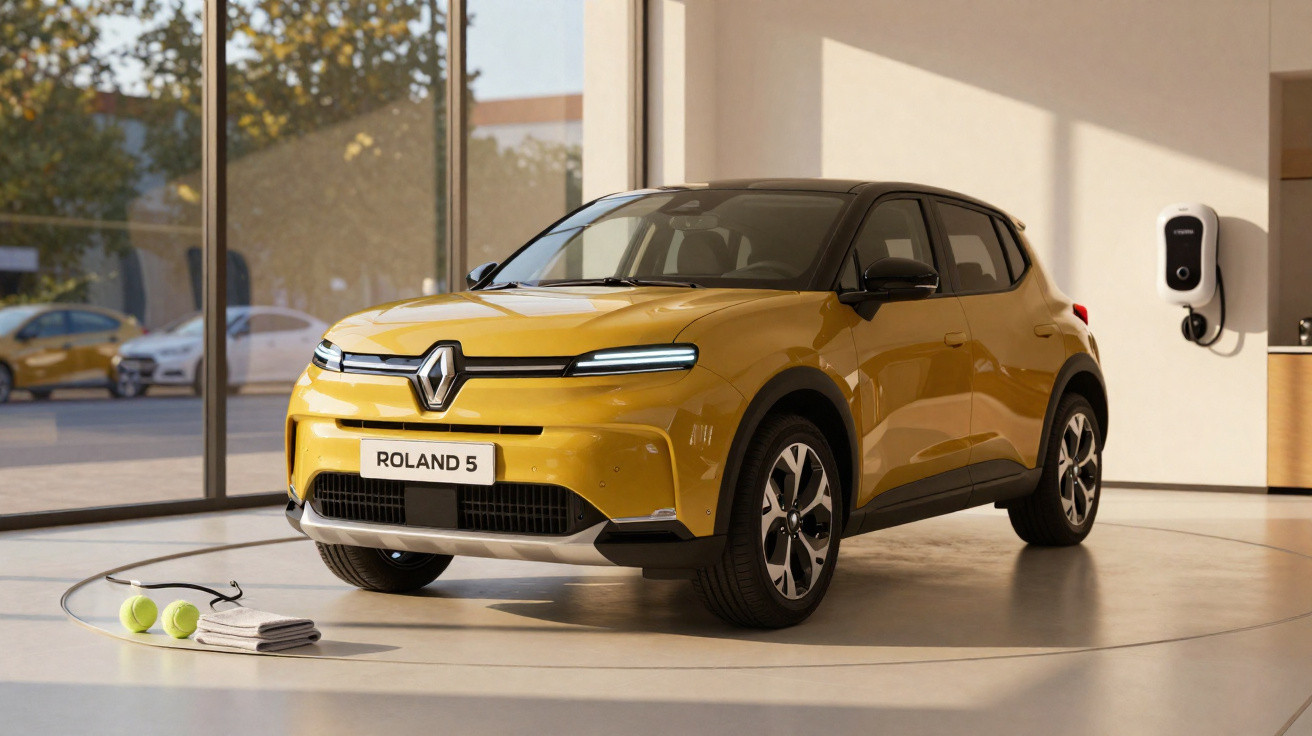 Carro elétrico Renault Roland 5 amarelo estacionado em ambiente interno com carregador na parede.