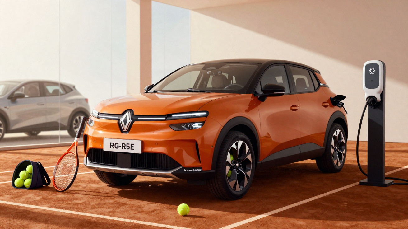 Carro elétrico Renault laranja carregando em estação, em quadra de tênis com bolas e raquete.