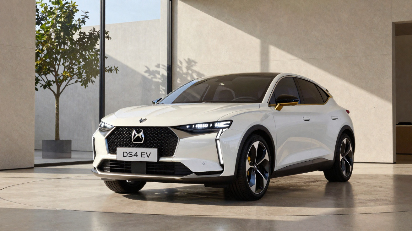 Carro elétrico DS4 EV branco estacionado em ambiente moderno com parede e planta ao fundo.
