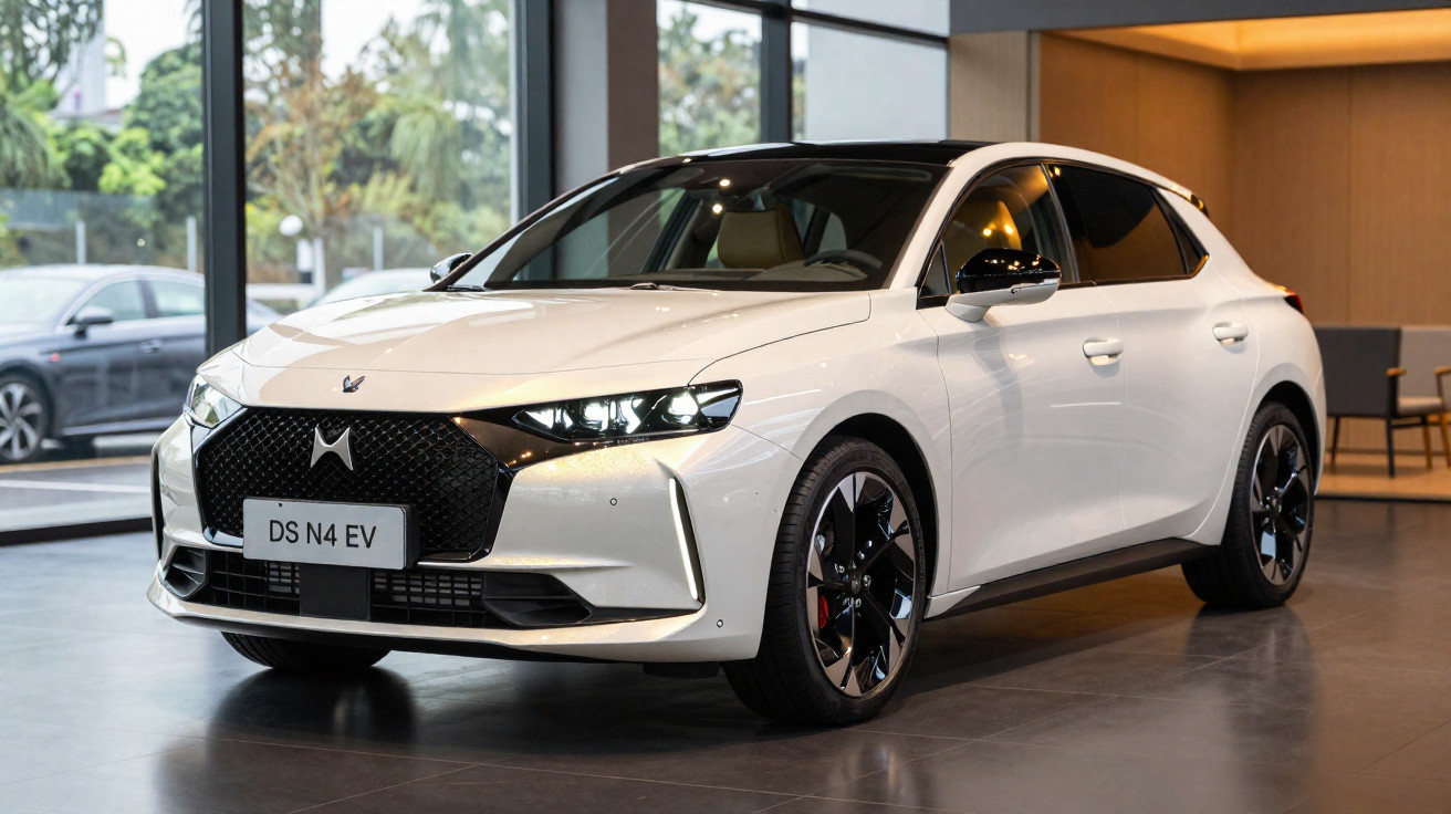 Carro elétrico branco DS N4 EV exibido em showroom moderno com piso cinza e grandes janelas.