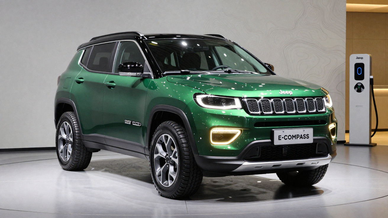SUV Jeep E-Compass verde com teto preto em exposição junto a um carregador elétrico branco.