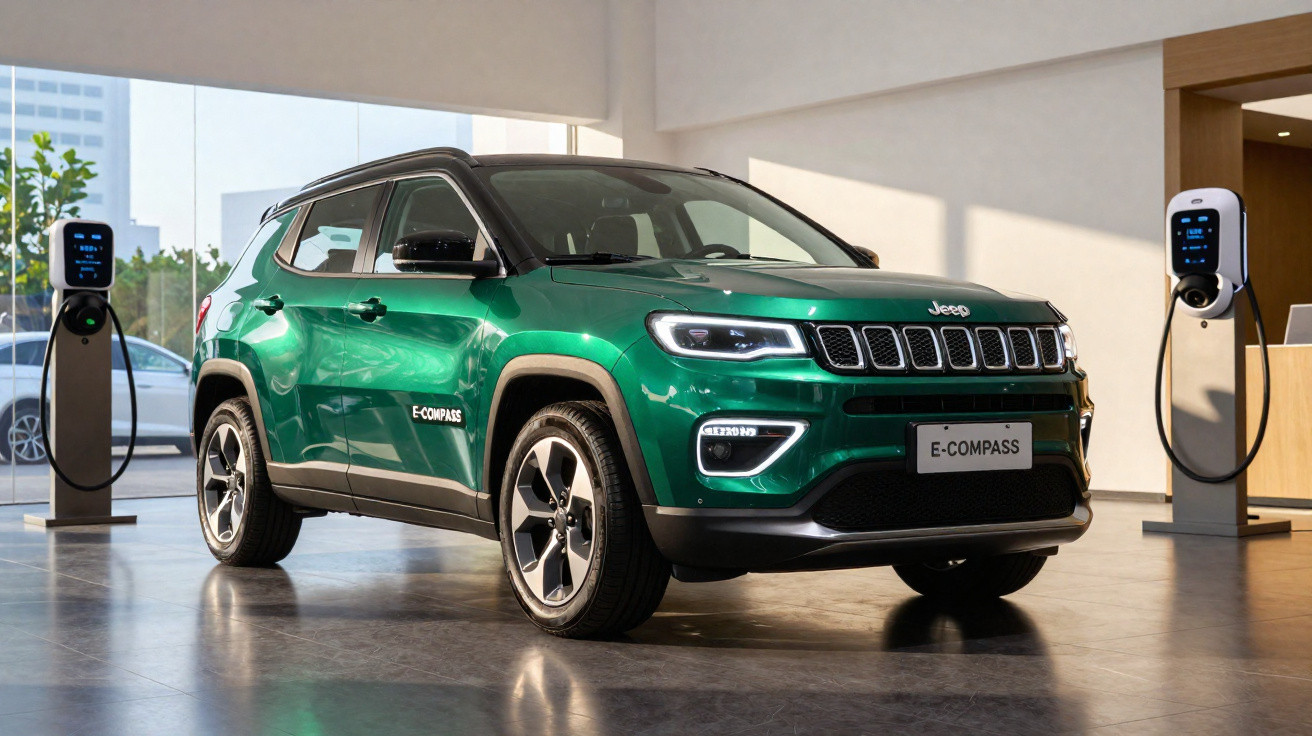 SUV Jeep E-Compass verde estacionado em showroom com duas estações de carregamento elétrico ao fundo.