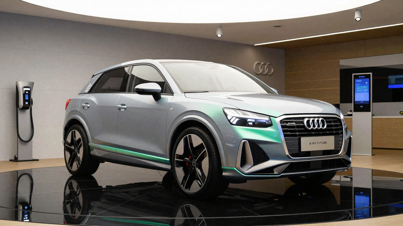 Carro elétrico Audi A|W Future prata exposto em showroom moderno com carregador ao fundo.
