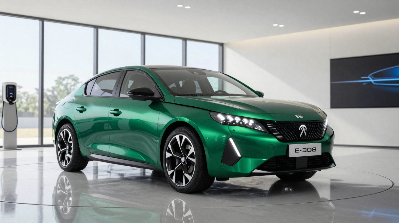 Carro elétrico sedã verde modelo E-308 estacionado em showroom moderno com parede de vidro.