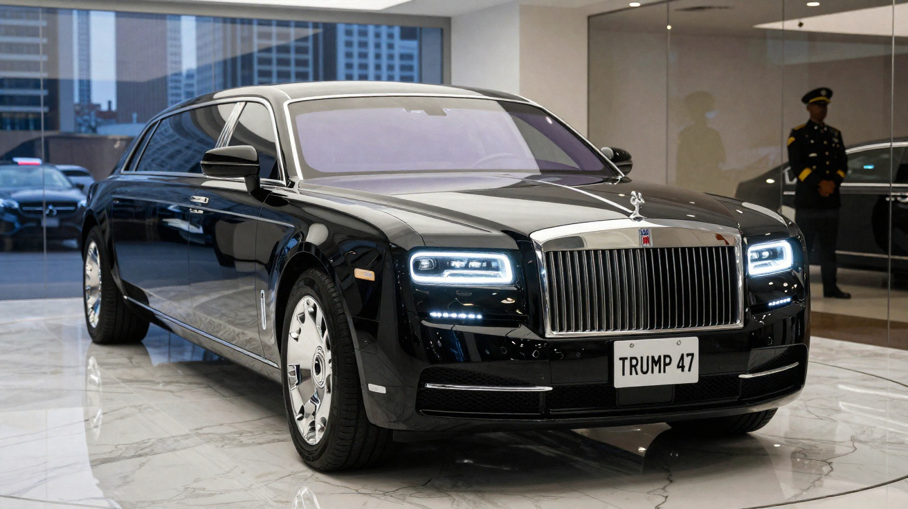 Limusine preta Rolls-Royce Phantom com placa "TRUMP 47" em ambiente interno moderno.