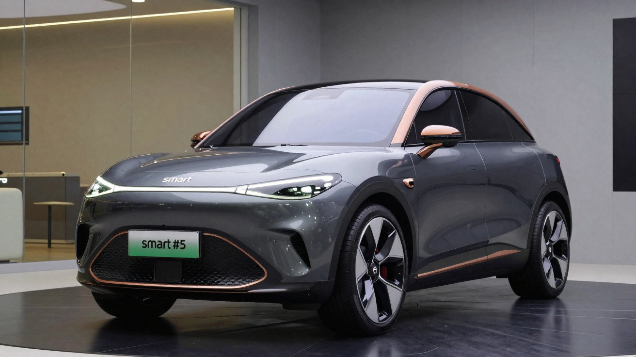 Carro elétrico Smart #5 cinza com detalhes em cobre exibido em ambiente interno moderno.