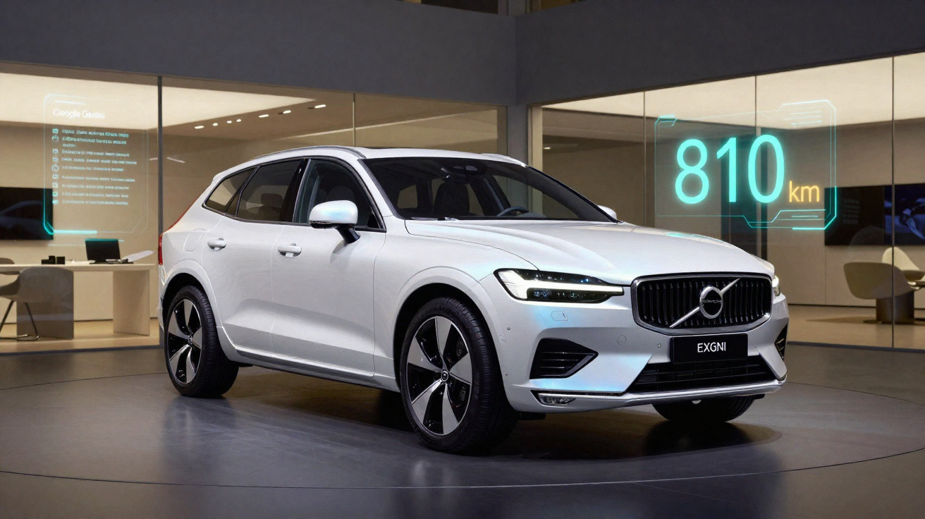 Carro SUV Volvo branco exibido em showroom moderno, com destaque digital de autonomia de 810 km.