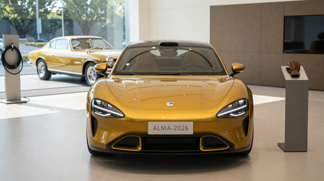 Carro esportivo dourado moderno em exibição interna com carro dourado clássico ao fundo e carregador elétrico à esquerda.