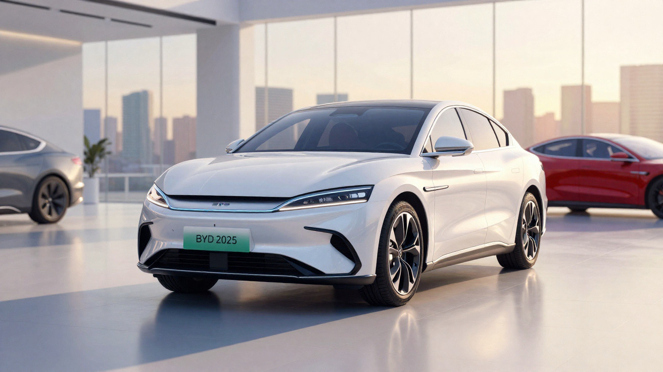 Carro elétrico branco BYD 2025 em showroom moderno com janelas grandes e vista da cidade ao fundo.