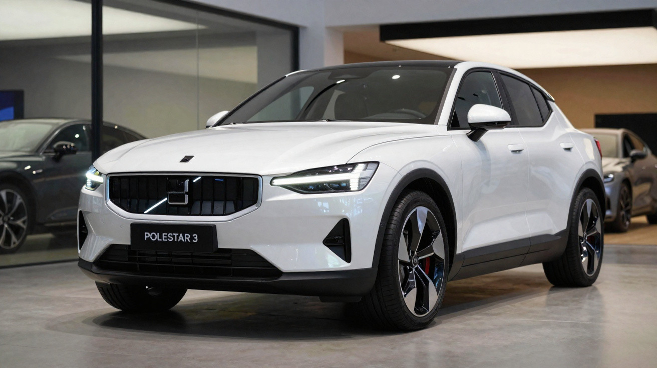 Carro branco Polestar 3 estacionado em showroom com design moderno e faróis acesos.