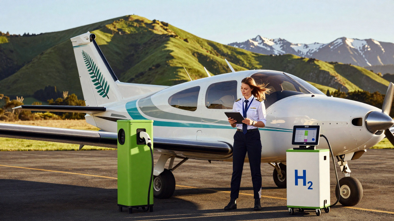 Mulher piloto ao lado de avião pequeno sendo abastecido por estação de hidrogênio, com montanhas ao fundo.