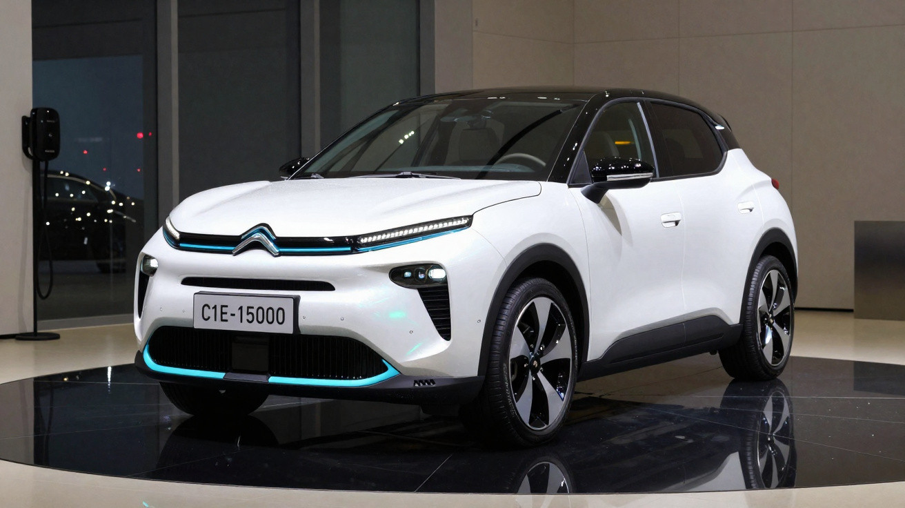 Carro elétrico branco Citroën C1E-15000 estacionado em ambiente interno moderno e iluminado.