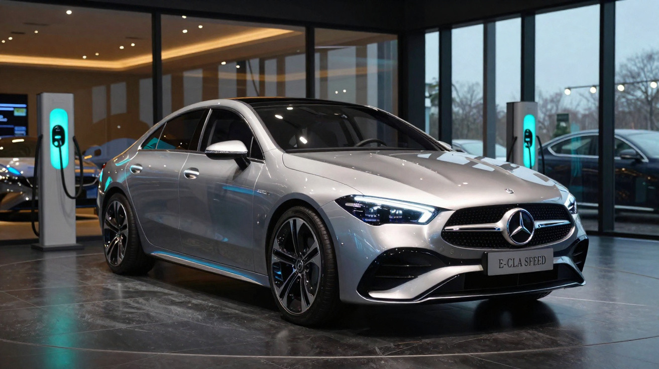 Carro elétrico prata Mercedes-Benz E-Class Speed estacionado em showroom moderno com carregadores ao fundo.