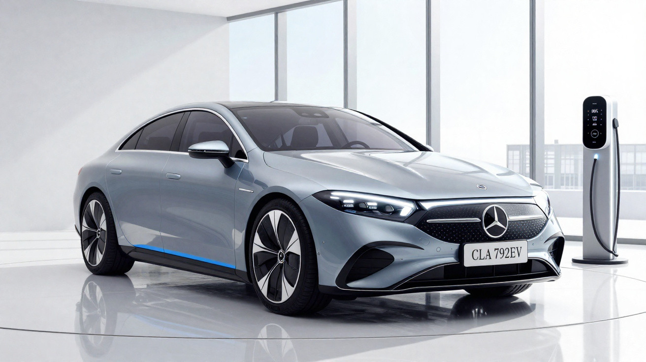 Carro elétrico Mercedes-Benz cinza estacionado em ambiente moderno com estação de carregamento ao lado.