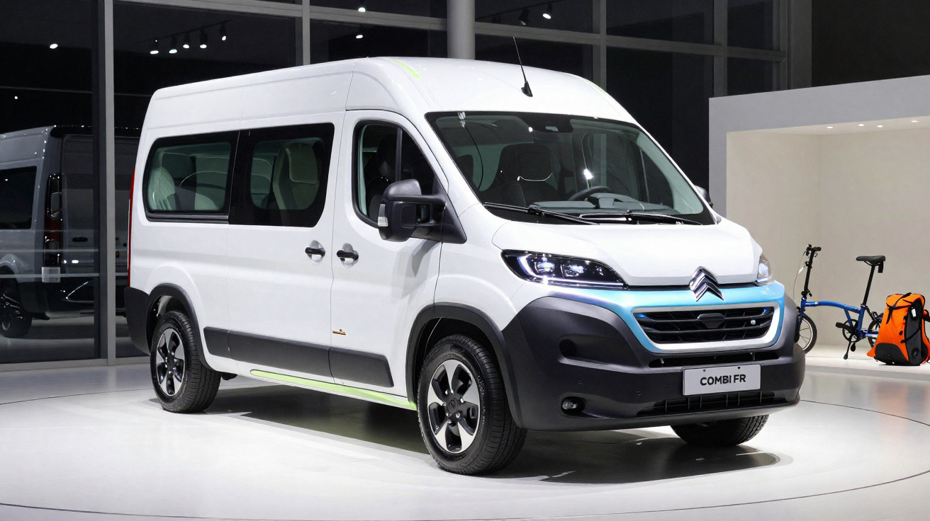 Van branca Citroën Combi FR exposta em salão, vista frontal lateral direita.