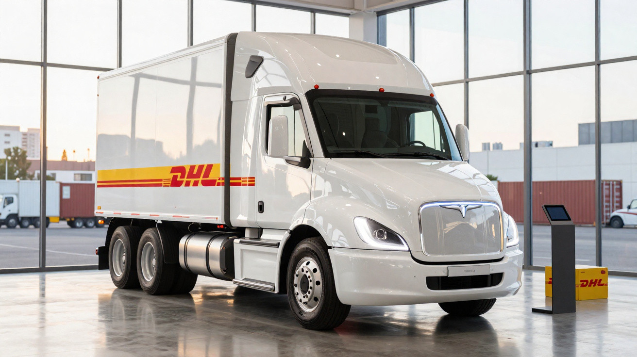 Caminhão branco elétrico da DHL estacionado em ambiente interno moderno e amplo.
