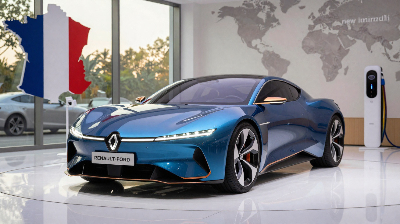 Carro elétrico esportivo azul Renault-Ford em showroom com mapa-múndi e recarga ao fundo.