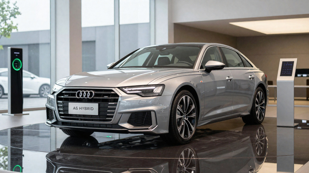 Carro Audi A6 Hybrid prata exibido em showroom moderno com carregador elétrico ao fundo.