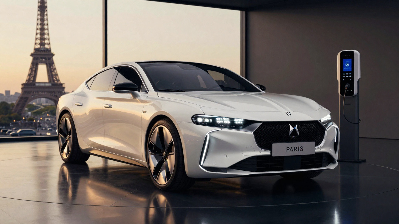 Carro elétrico branco estacionado em ambiente moderno com Torre Eiffel ao fundo e carregador elétrico ao lado.