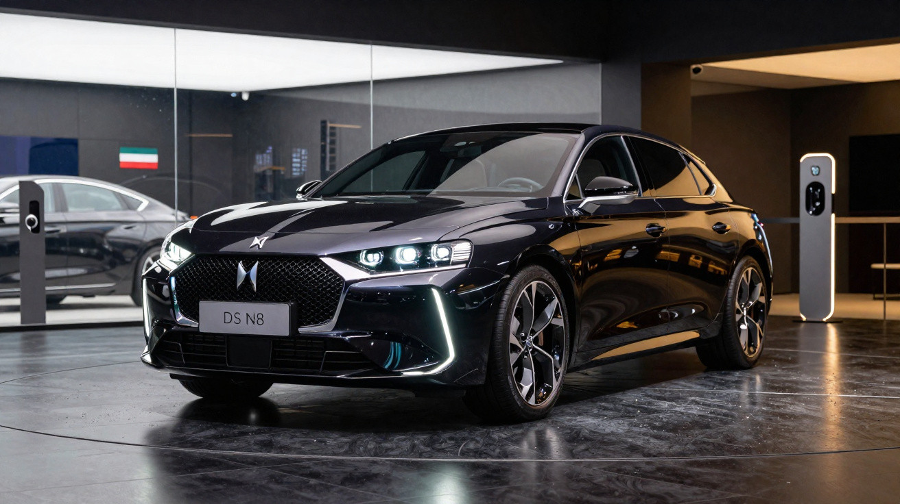 Carro elétrico DS N8 preto exibido em ambiente interno com iluminação moderna e estações de recarga ao fundo.