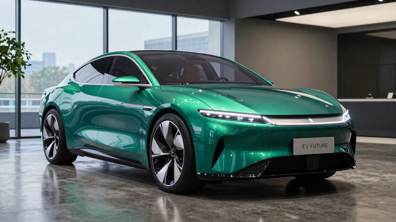Carro elétrico esportivo verde metálico com design moderno em showroom com piso refletivo e grandes janelas.