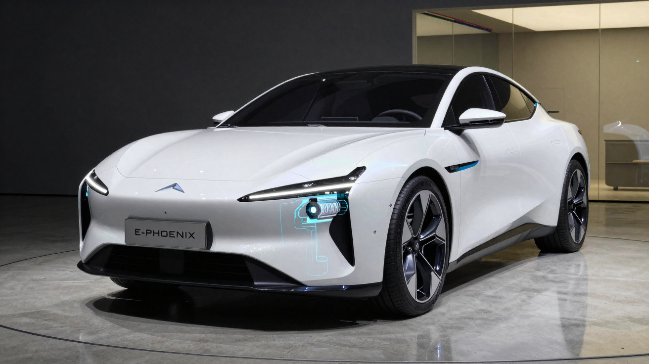 Carro elétrico branco E-Phoenix em show room moderno e iluminado.
