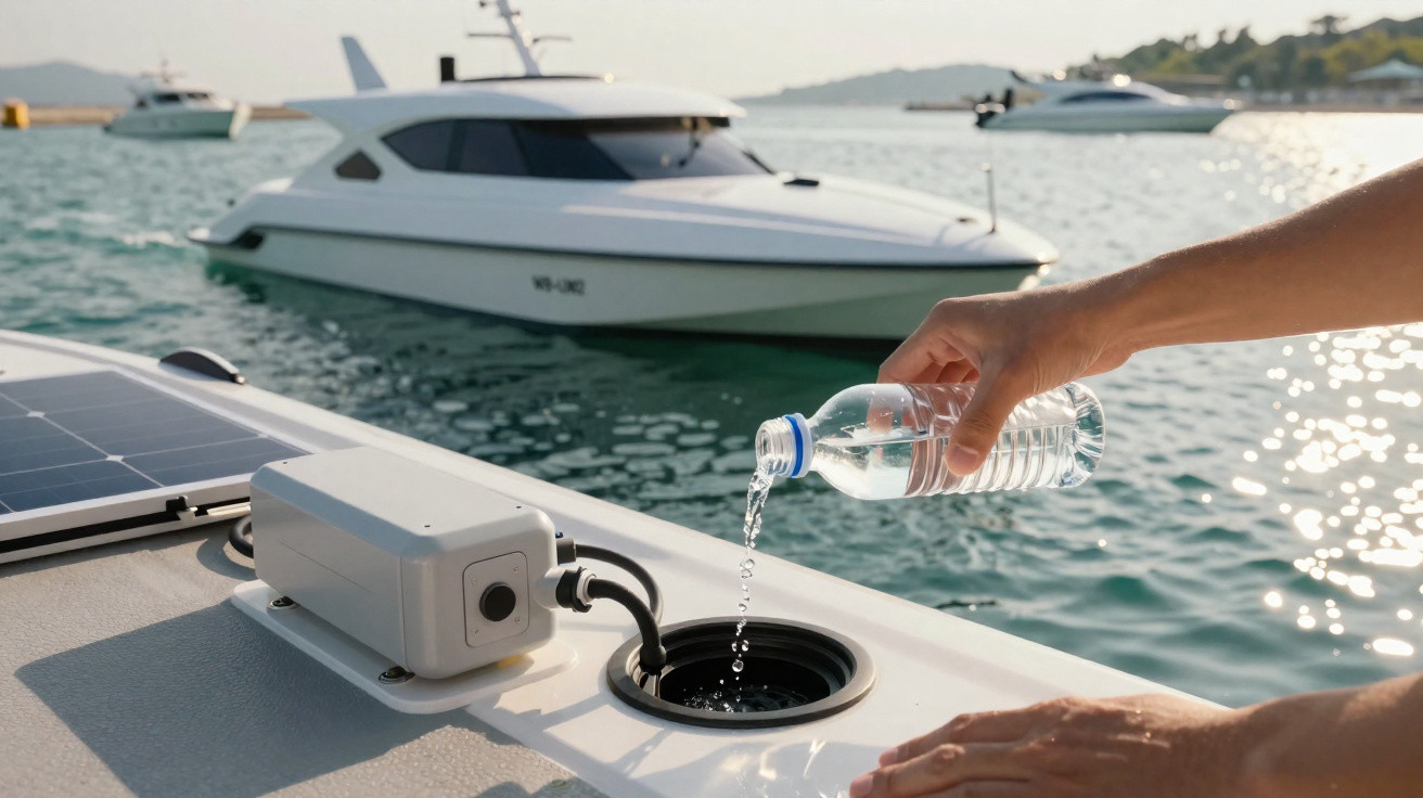 Pessoa despejando água de uma garrafa em um reservatório a bordo de um barco próximo a iates.