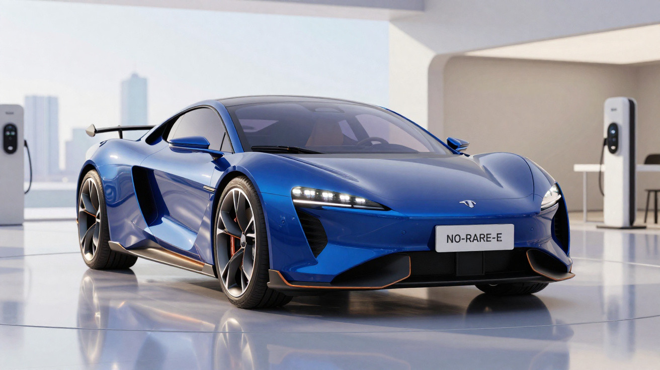 Carro esportivo azul elétrico estacionado em garagem moderna com carregadores ao fundo.