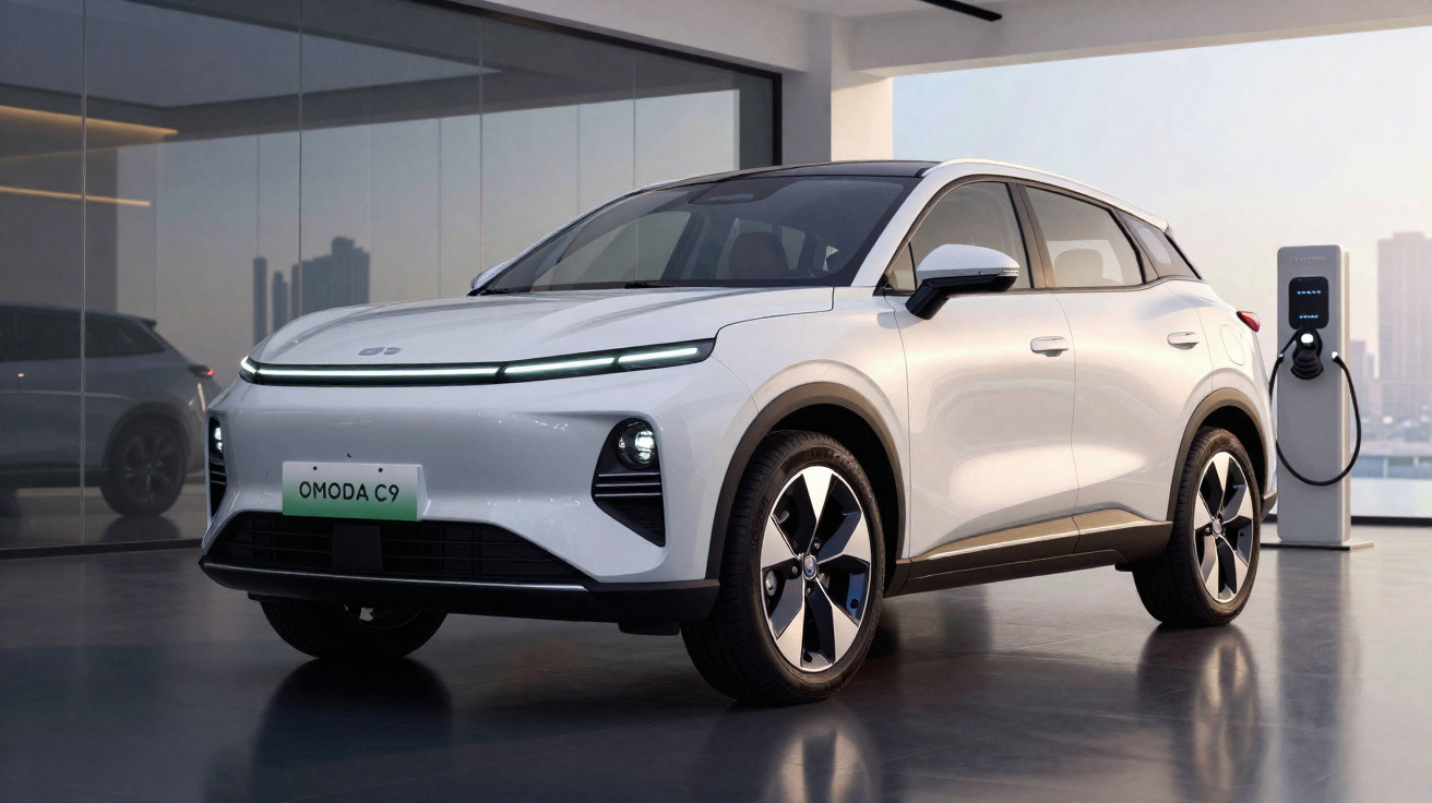 Carro elétrico branco Omoda C9 conectado a carregador em ambiente moderno e iluminado.