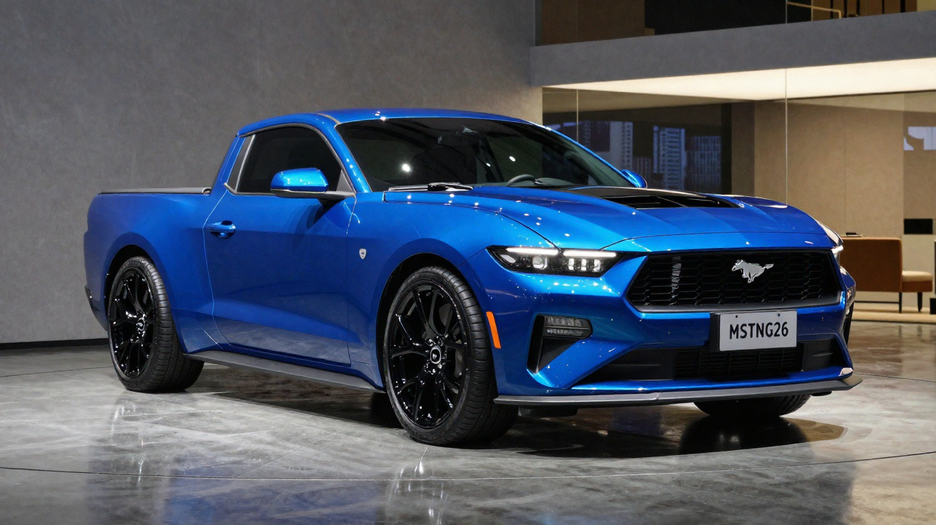Picape Ford Mustang azul com rodas pretas exibida em ambiente interno moderno.