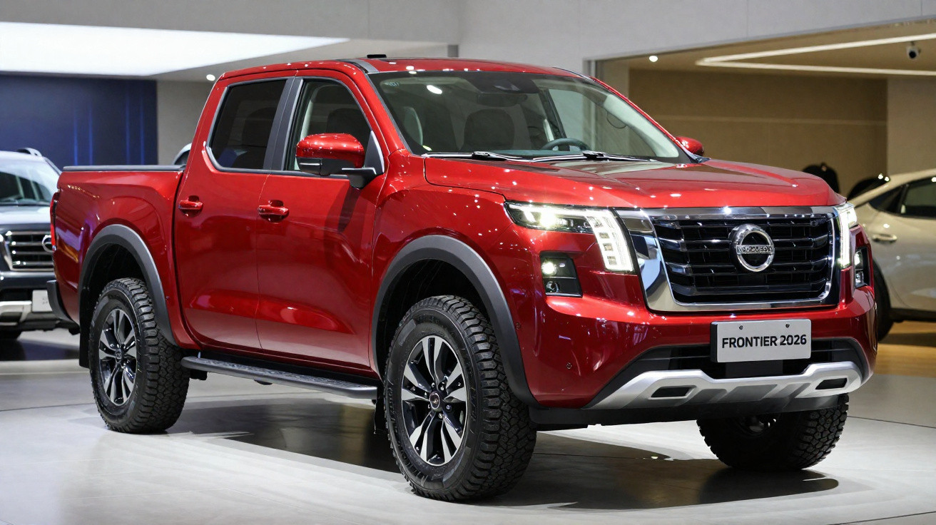 Picape Nissan Frontier 2026 na cor vermelha exibida em salão automotivo com acabamento robusto e moderno.