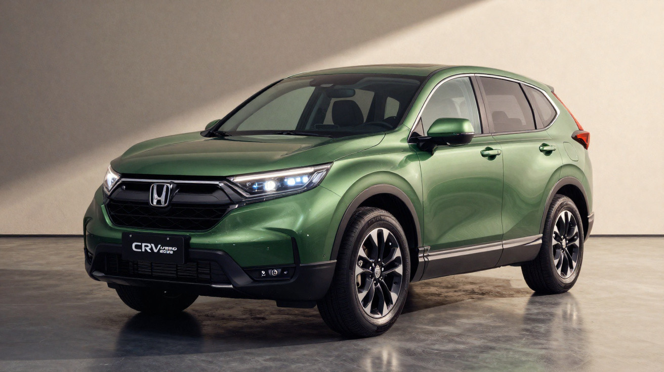 SUV Honda CR-V verde, vista frontal em ambiente interno com piso refletivo e paredes bege.