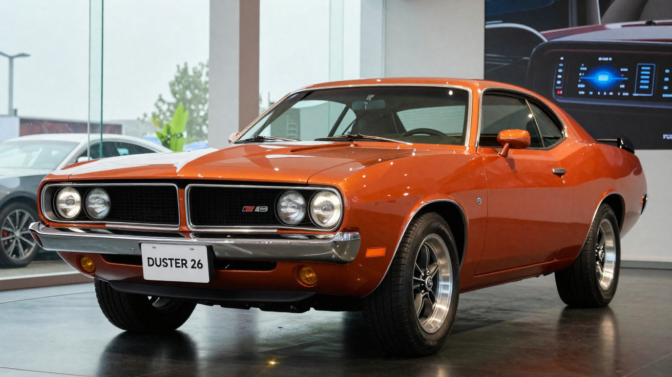 Carro esportivo clássico laranja estacionado em ambiente interno com placa DUSTER 26.
