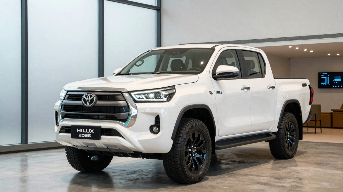 Picape Toyota Hilux 2026 branca estacionada em showroom com piso cinza e paredes claras.