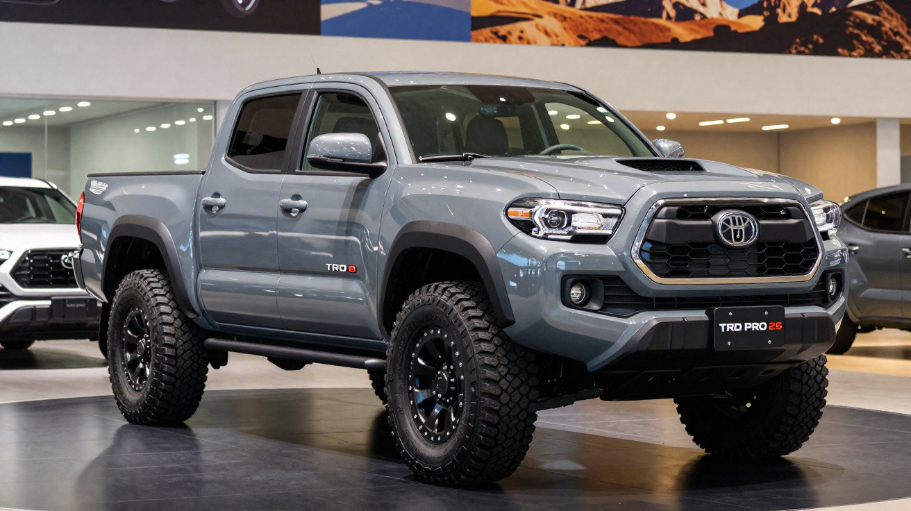 Picape Toyota Tacoma TRD Pro 2023 cinza exibida em salão automotivo com pneus off-road robustos.