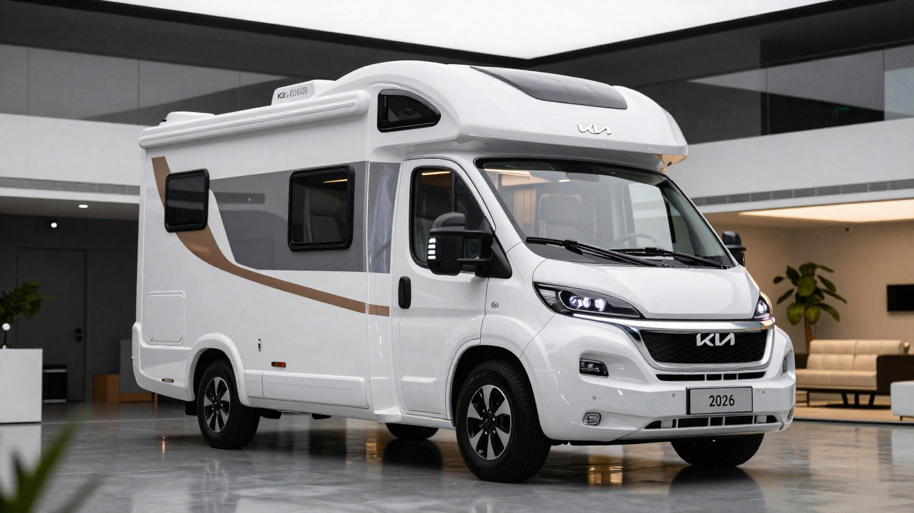 Motorhome branco Kia modelo 2026 estacionado em ambiente interno moderno e iluminado.