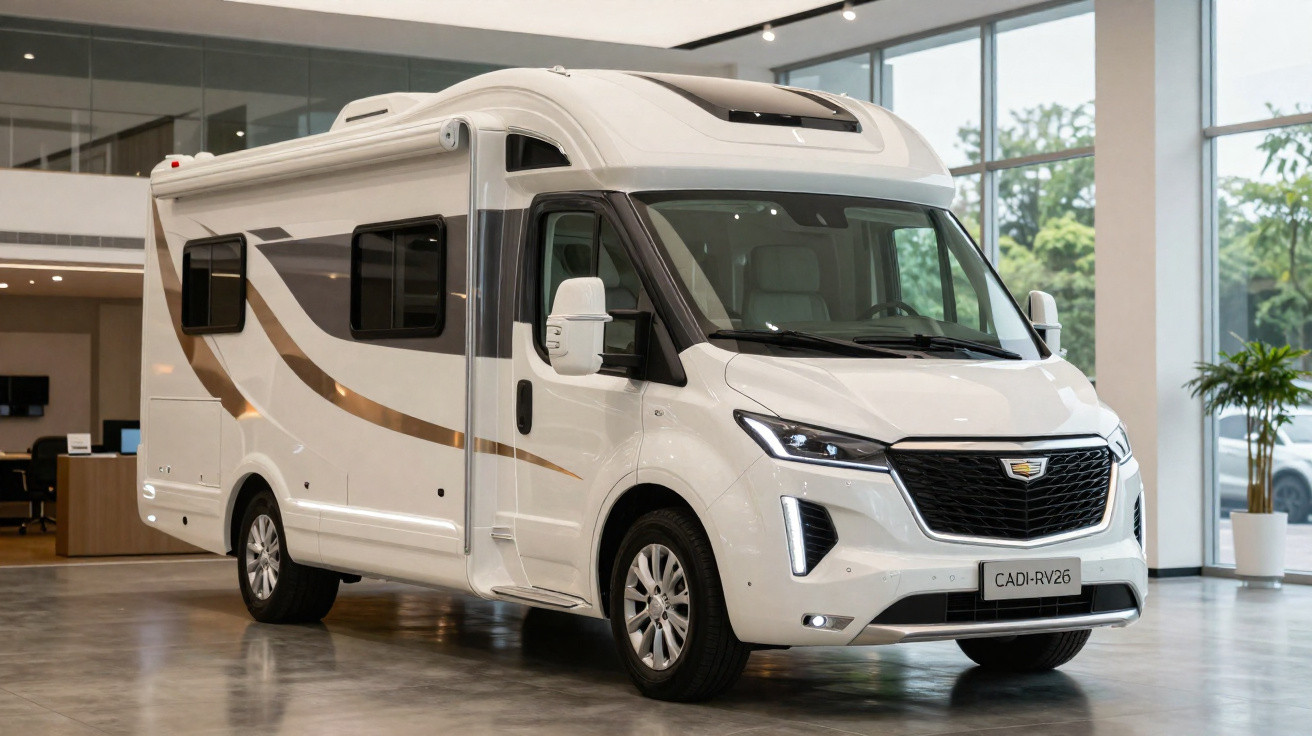 Motorhome branco moderno com detalhes dourados, estacionado em ambiente interno iluminado e amplo.