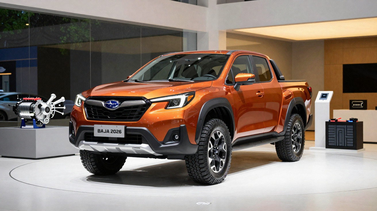 Picape Subaru Baja 2026 laranja exposta em salão, com destaque para design moderno e rodas robustas.