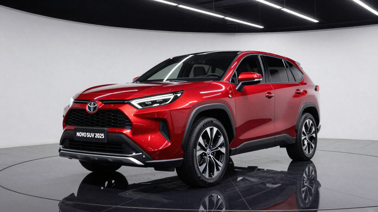 SUV Toyota vermelho 2025 em ambiente interno com chão espelhado e iluminação de teto.